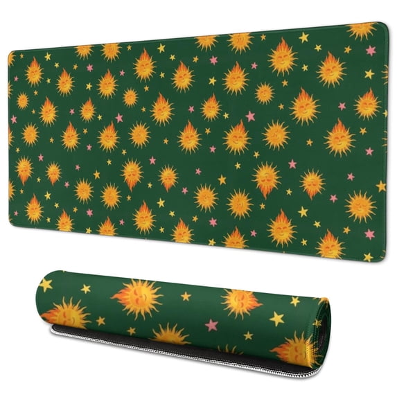 Long Mouse Pads for Desk,Dark Green Star Sun Pattern Desk Mats on Top Of Desks, Desk Mouse Pad Extra Large with 3mm Non-Slip Base and Stitched Edge for Gaming,Office,Work,Home 35.4"x15.7"