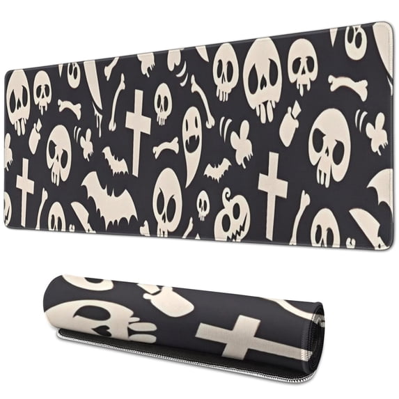 Long Mouse Pads for Desk,Dark Halloween Ghosts Skulls and Bats Desk Mats on Top Of Desks, Desk Mouse Pad Extra Large with 3mm Non-Slip Base and Stitched Edge for Gaming,Office,Work,Home 31.5"x11.8"