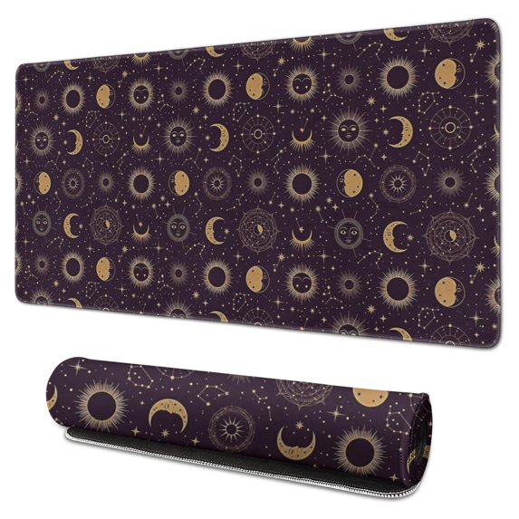 Long Mouse Pads for Desk,Dark Purple Sun Moon Star Pattern Desk Mats on Top Of Desks, Desk Mouse Pad Extra Large with 3mm Non-Slip Base and Stitched Edge for Gaming,Office,Work,Home 31.5"x15.7"
