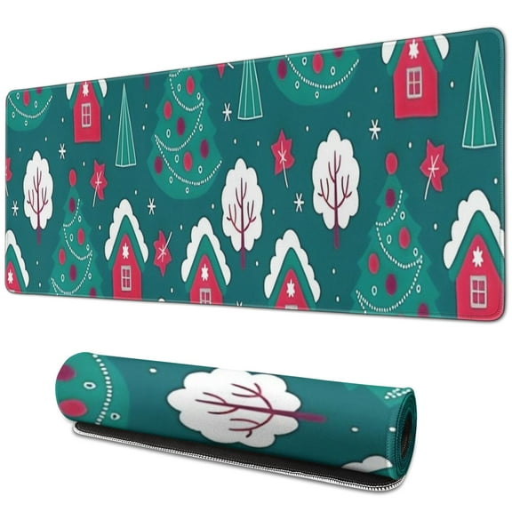 Long Mouse Pads for Desk,Dark Teal Christmas Village Pattern Desk Mats on Top Of Desks, Desk Mouse Pad Extra Large with 3mm Non-Slip Base and Stitched Edge for Gaming,Office,Work,Home 31.5x11.8in