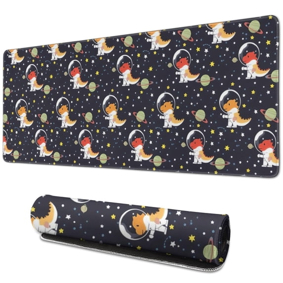 Long Mouse Pads for Desk,DarkBlue Cartoon Dinosaurs Astronauts Desk Mats on Top Of Desks, Desk Mouse Pad Extra Large with 3mm Non-Slip Base and Stitched Edge for Gaming,Work,Home 31.5"x11.8"