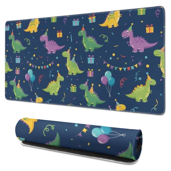 Long Mouse Pads for Desk,DarkBlue Cartoon Dinosaurs PartyElements Desk Mats on Top Of Desks, Desk Mouse Pad Extra Large with 3mm Non-Slip Base and Stitched Edge for Gaming,Work,Home 31.5"x15.7"