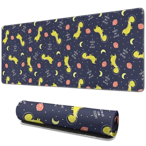 Long Mouse Pads for Desk,DarkBlue Cartoon Dinosaurs Space Pattern Desk Mats on Top Of Desks, Desk Mouse Pad Extra Large with 3mm Non-Slip Base and Stitched Edge for Gaming,Office,Work,Home 31.5"x11.8"