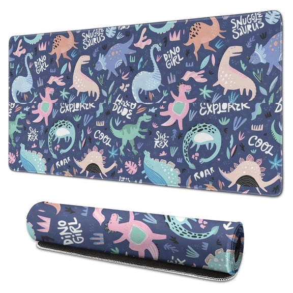 Long Mouse Pads for Desk,DarkBlue Cartoon Dinosaurs Text Pattern Desk Mats on Top Of Desks, Desk Mouse Pad Extra Large with 3mm Non-Slip Base and Stitched Edge for Gaming,Office,Work,Home 31.5"x15.7"