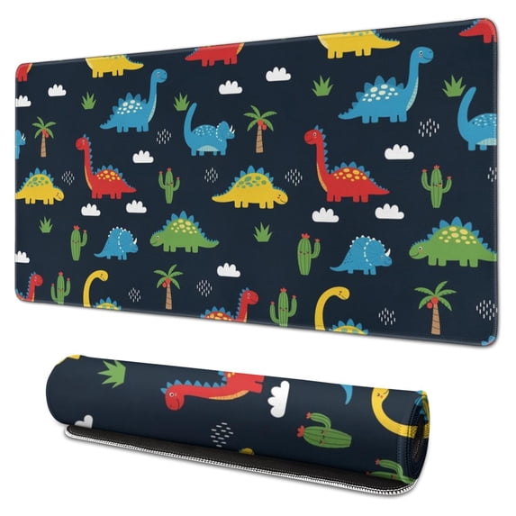 Long Mouse Pads for Desk,DarkBlue Dinosaurs Clouds Palms Pattern Desk Mats on Top Of Desks, Desk Mouse Pad Extra Large with 3mm Non-Slip Base and Stitched Edge for Gaming,Office,Work,Home 31.5"x15.7"