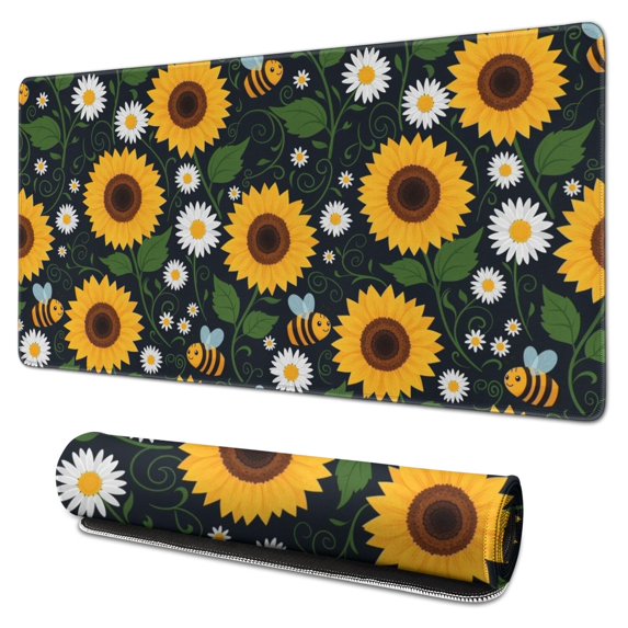 Long Mouse Pads for Desk,DarkBlue Sunflower Bee Pattern Desk Mats on Top Of Desks, Desk Mouse Pad Extra Large with 3mm Non-Slip Base and Stitched Edge for Gaming,Office,Work,Home 31.5"x15.7"