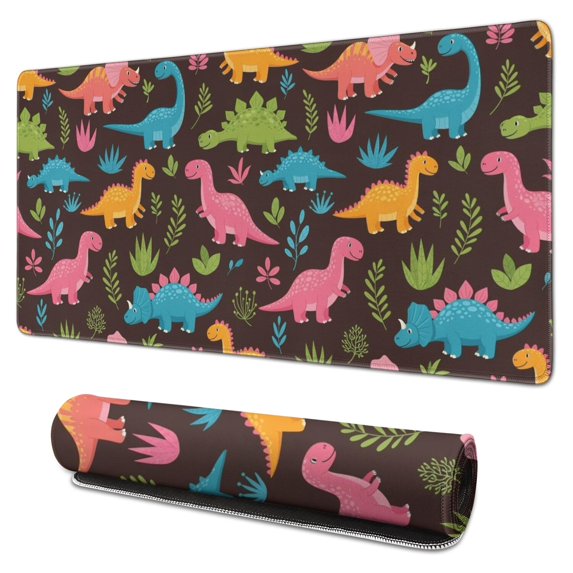 Long Mouse Pads for Desk,DarkBrown Cartoon Dinosaurs Colorful Plants Desk Mats on Top Of Desks, Desk Mouse Pad Extra Large with 3mm Non-Slip Base and Stitched Edge for Gaming,Work,Home 31.5"x15.7"
