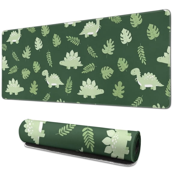 Long Mouse Pads for Desk,DarkGreen Cartoon Dinosaurs Leaves Desk Mats on Top Of Desks, Desk Mouse Pad Extra Large with 3mm Non-Slip Base and Stitched Edge for Gaming,Work,Home 31.5"x11.8"