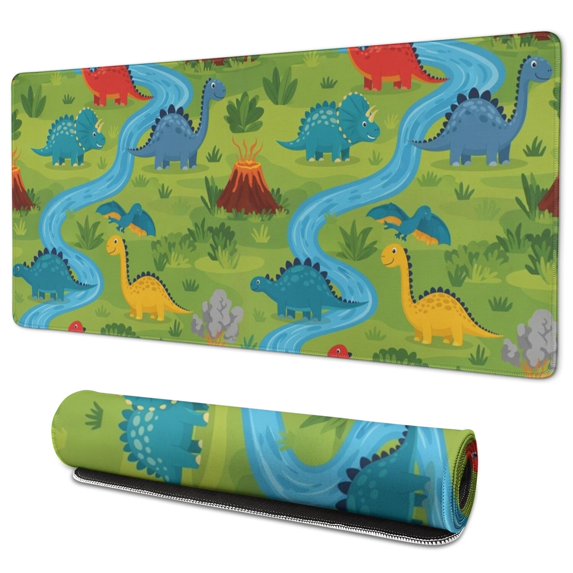 Long Mouse Pads for Desk,Dinosaurs River Volcano Green Pattern Desk Mats on Top Of Desks, Desk Mouse Pad Extra Large with 3mm Non-Slip Base and Stitched Edge for Gaming,Office,Work,Home 35.4"x15.7"