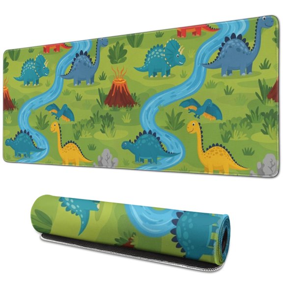 Long Mouse Pads for Desk,Dinosaurs River Volcano Green Pattern Desk Mats on Top Of Desks, Desk Mouse Pad Extra Large with 3mm Non-Slip Base and Stitched Edge for Gaming,Office,Work,Home 31.5"x11.8"