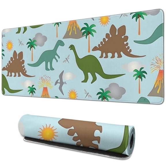 Long Mouse Pads for Desk,Dinosaurs Volcano Light Blue Pattern Desk Mats on Top Of Desks, Desk Mouse Pad Extra Large with 3mm Non-Slip Base and Stitched Edge for Gaming,Office,Work,Home 31.5"x11.8"