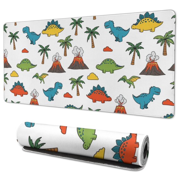 Long Mouse Pads for Desk,Dinosaurs Volcano Palm White Pattern Desk Mats on Top Of Desks, Desk Mouse Pad Extra Large with 3mm Non-Slip Base and Stitched Edge for Gaming,Office,Work,Home 35.4"x15.7"