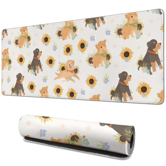 Long Mouse Pads for Desk,Dogs with Sunflowers Desk Mats on Top Of Desks, Desk Mouse Pad Extra Large with 3mm Non-Slip Base and Stitched Edge for Gaming,Office,Work,Home 31.5"x11.8"
