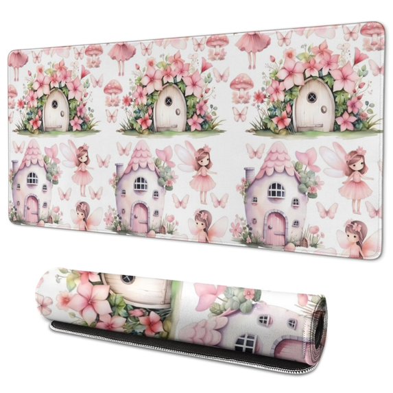 Long Mouse Pads for Desk,Fairy Princess Mushroom Pattern Desk Mats on Top Of Desks, Desk Mouse Pad Extra Large with 3mm Non-Slip Base and Stitched Edge for Gaming,Office,Work,Home 35.4"x15.7"