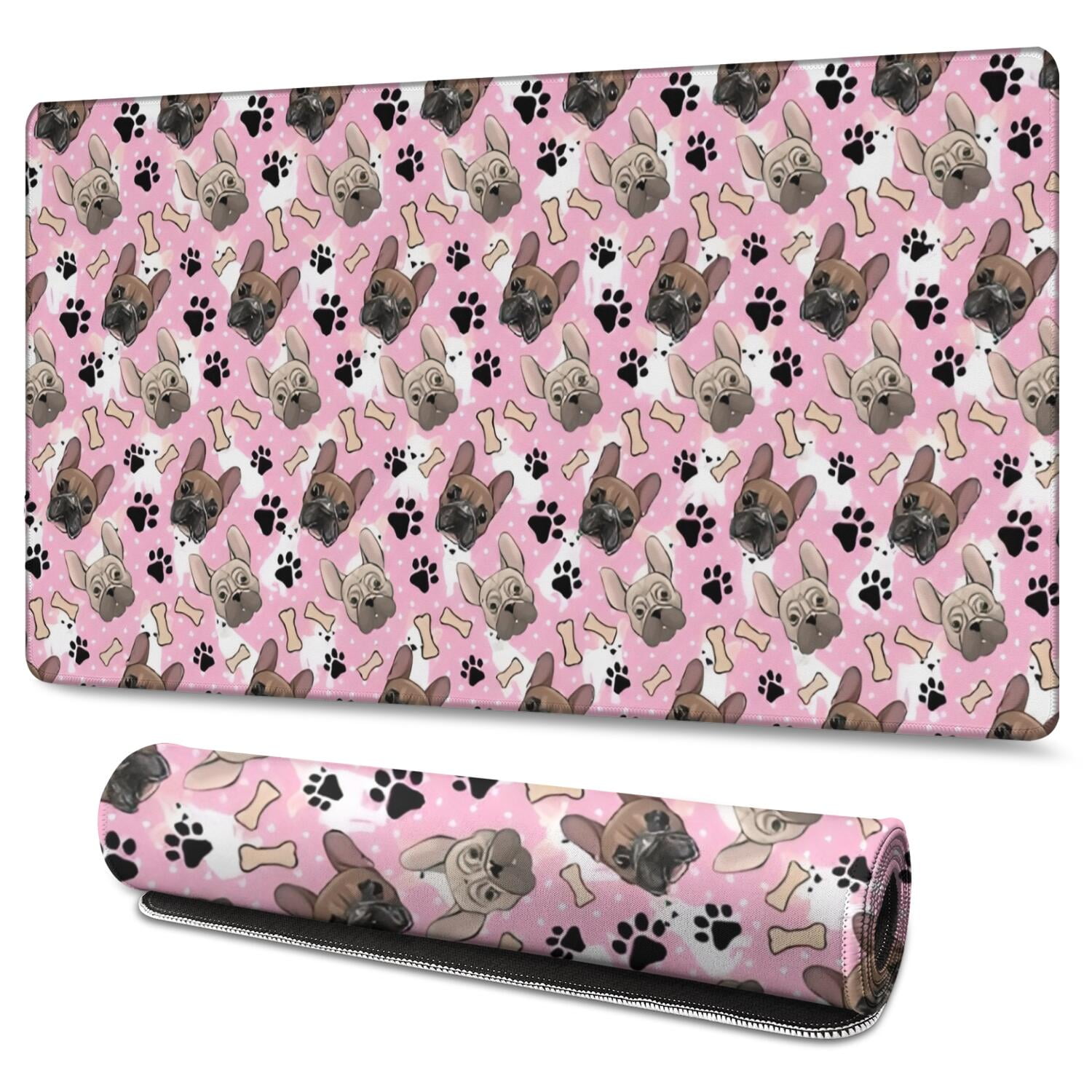 Long Mouse Pads for Desk,French Bulldog Cute Bone Paw Print Desk Mats on Top Of Desks, Desk Mouse Pad Extra Large with 3mm Non-Slip Base and Stitched Edge for Gaming,Office,Work,Home 47.3"x23.6"