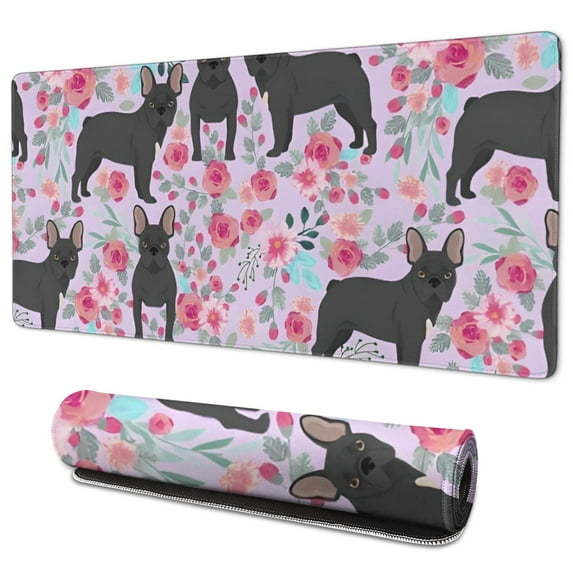 Long Mouse Pads for Desk,French Bulldog and Flower Desk Mats on Top Of Desks, Desk Mouse Pad Extra Large with 3mm Non-Slip Base and Stitched Edge for Gaming,Office,Work,Home 35.4"x15.7"