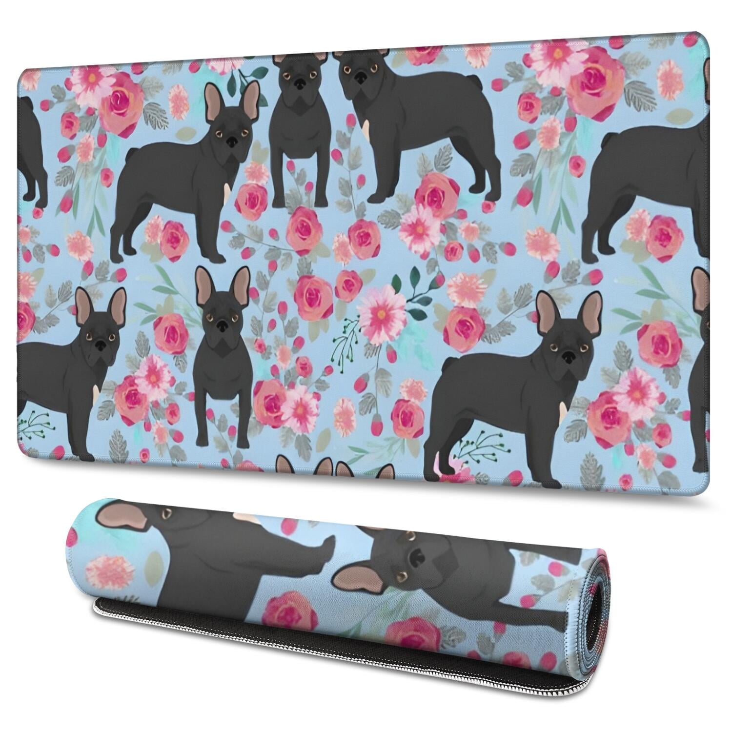 Long Mouse Pads for Desk,French Bulldog and Flower Desk Mats on Top Of Desks, Desk Mouse Pad Extra Large with 3mm Non-Slip Base and Stitched Edge for Gaming,Office,Work,Home 47.3"x23.6"