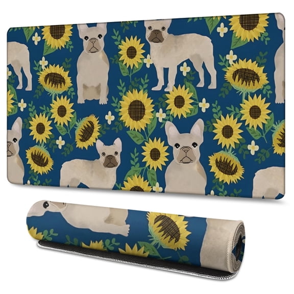 Long Mouse Pads for Desk,French Bulldog Sunflowers Floral Desk Mats on Top Of Desks, Desk Mouse Pad Extra Large with 3mm Non-Slip Base and Stitched Edge for Gaming,Office,Work,Home 47.3"x23.6"