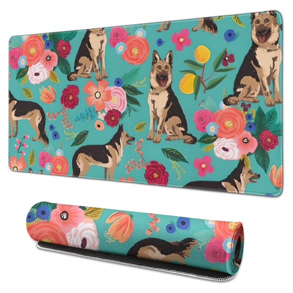 Long Mouse Pads for Desk,German Shepherd Dog and Flower Desk Mats on Top Of Desks, Desk Mouse Pad Extra Large with 3mm Non-Slip Base and Stitched Edge for Gaming,Office,Work,Home 31.5"x15.7"