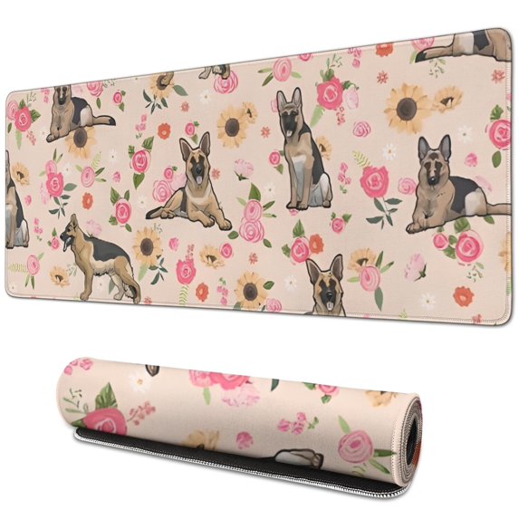 Long Mouse Pads for Desk,German Shepherd Dog and Flower Desk Mats on Top Of Desks, Desk Mouse Pad Extra Large with 3mm Non-Slip Base and Stitched Edge for Gaming,Office,Work,Home 31.5"x11.8"