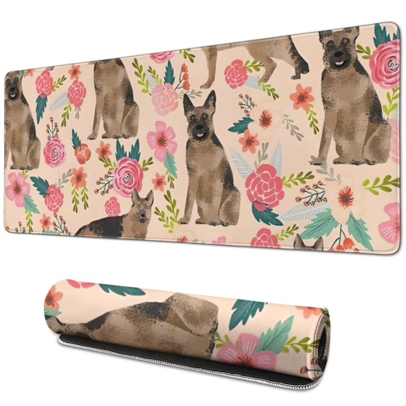 Long Mouse Pads for Desk,German Shepherd with Pioneer Flower Desk Mats on Top Of Desks, Desk Mouse Pad Extra Large with 3mm Non-Slip Base and Stitched Edge for Gaming,Office,Work,Home 31.5"x11.8"