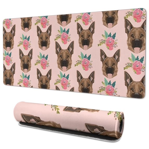 Long Mouse Pads for Desk,German Shepherd with Roses Desk Mats on Top Of Desks, Desk Mouse Pad Extra Large with 3mm Non-Slip Base and Stitched Edge for Gaming,Office,Work,Home 35.4"x15.7"