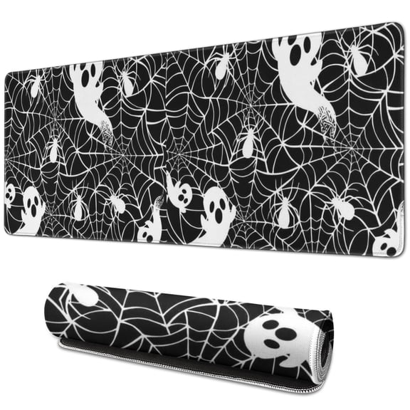 Long Mouse Pads for Desk,Ghost and Spider Web Halloween Pattern Desk Mats on Top Of Desks, Desk Mouse Pad Extra Large with 3mm Non-Slip Base and Stitched Edge for Gaming,Office,Work,Home 31.5"x11.8"