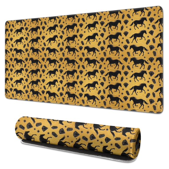 Long Mouse Pads for Desk,Golden Black Horse and Diamond Pattern Desk Mats on Top Of Desks, Desk Mouse Pad Extra Large with 3mm Non-Slip Base and Stitched Edge for Gaming,Office,Work,Home 31.5"x15.7"