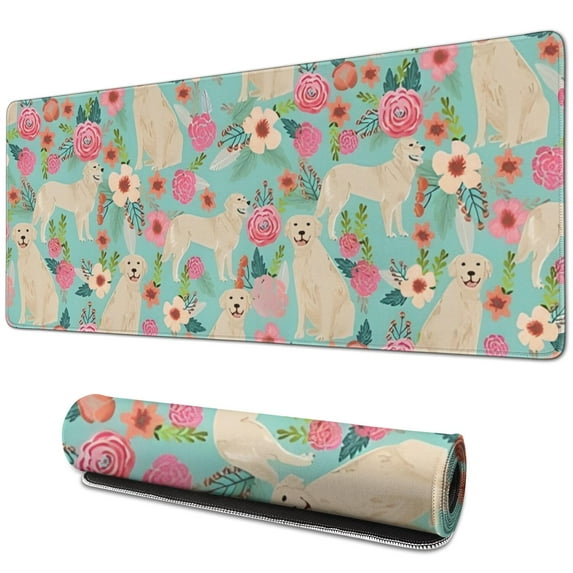 Long Mouse Pads for Desk,Golden Retriever Dog and Flowers Desk Mats on Top Of Desks, Desk Mouse Pad Extra Large with 3mm Non-Slip Base and Stitched Edge for Gaming,Office,Work,Home 31.5"x11.8"