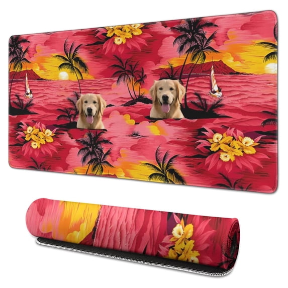 Long Mouse Pads for Desk,Golden Retriever Hawaiian Desk Mats on Top Of Desks, Desk Mouse Pad Extra Large with 3mm Non-Slip Base and Stitched Edge for Gaming,Office,Work,Home 31.5"x15.7"