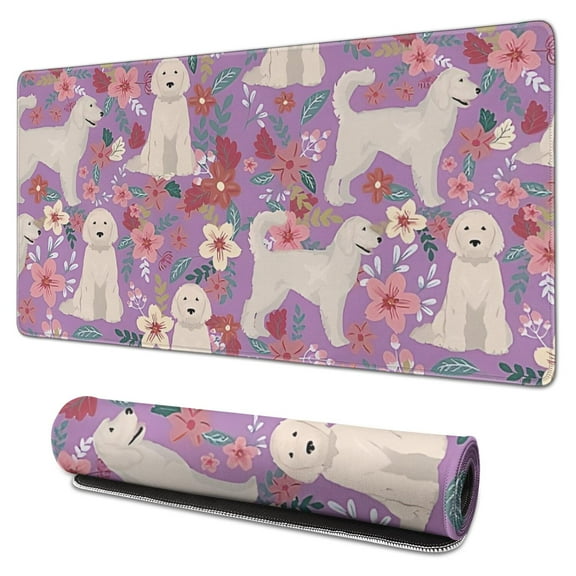Long Mouse Pads for Desk,Goldendoodle Dog and Flower Floral Desk Mats on Top Of Desks, Desk Mouse Pad Extra Large with 3mm Non-Slip Base and Stitched Edge for Gaming,Office,Work,Home 31.5"x15.7"