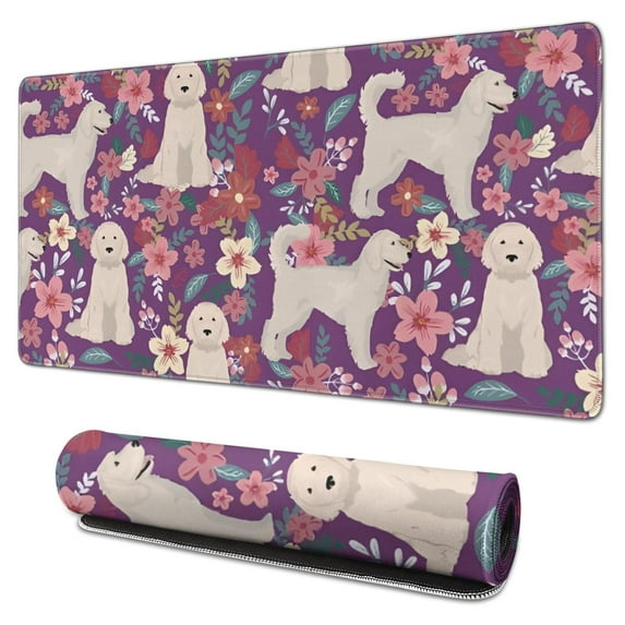 Long Mouse Pads for Desk,Goldendoodle Dog and Flower Floral Desk Mats on Top Of Desks, Desk Mouse Pad Extra Large with 3mm Non-Slip Base and Stitched Edge for Gaming,Office,Work,Home 31.5"x15.7"