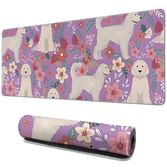 Long Mouse Pads for Desk,Goldendoodle Dog and Flower Floral Desk Mats on Top Of Desks, Desk Mouse Pad Extra Large with 3mm Non-Slip Base and Stitched Edge for Gaming,Office,Work,Home 31.5"x11.8"