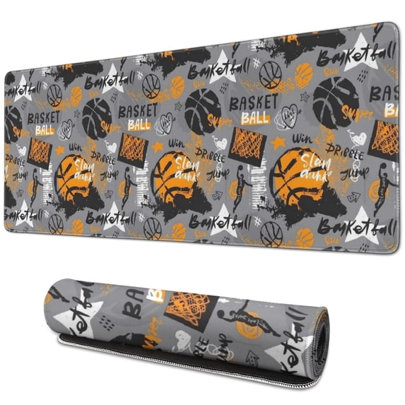 Long Mouse Pads for Desk,Gray Background Basketball Elements Desk Mats on Top Of Desks, Desk Mouse Pad Extra Large with 3mm Non-Slip Base and Stitched Edge for Gaming,Work,Home 31.5"x11.8"