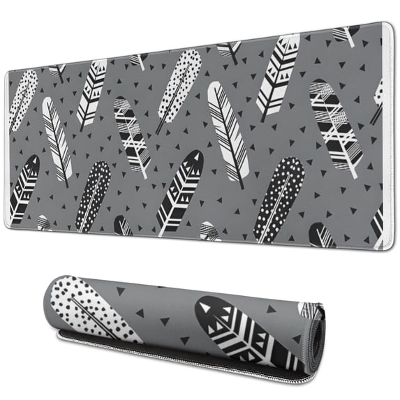 Long Mouse Pads for Desk,Gray Boho Tribal Feathers Pattern Desk Mats on Top Of Desks, Desk Mouse Pad Extra Large with 3mm Non-Slip Base and Stitched Edge for Gaming,Office,Work,Home 31.5"x11.8"