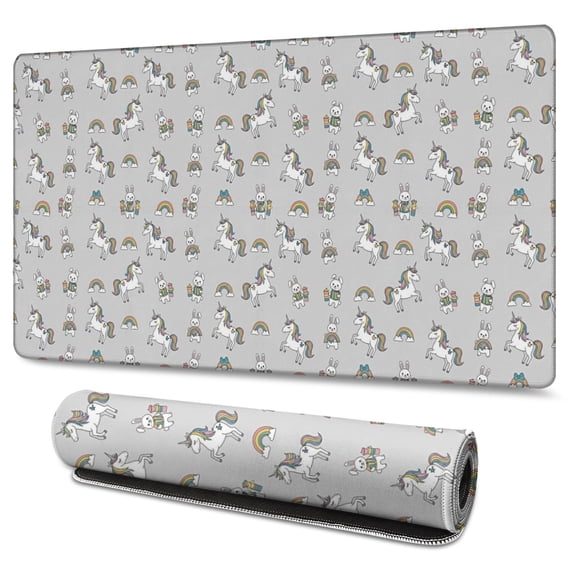 Long Mouse Pads for Desk,Gray Cartoon Unicorn Rabbit Rainbow Desk Mats on Top Of Desks, Desk Mouse Pad Extra Large with 3mm Non-Slip Base and Stitched Edge for Gaming,Work,Home 47.3"x23.6"