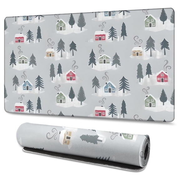 Long Mouse Pads for Desk,Gray Christmas House and Tree Pattern Desk Mats on Top Of Desks, Desk Mouse Pad Extra Large with 3mm Non-Slip Base and Stitched Edge for Gaming,Office,Work,Home 47.3x23.6in