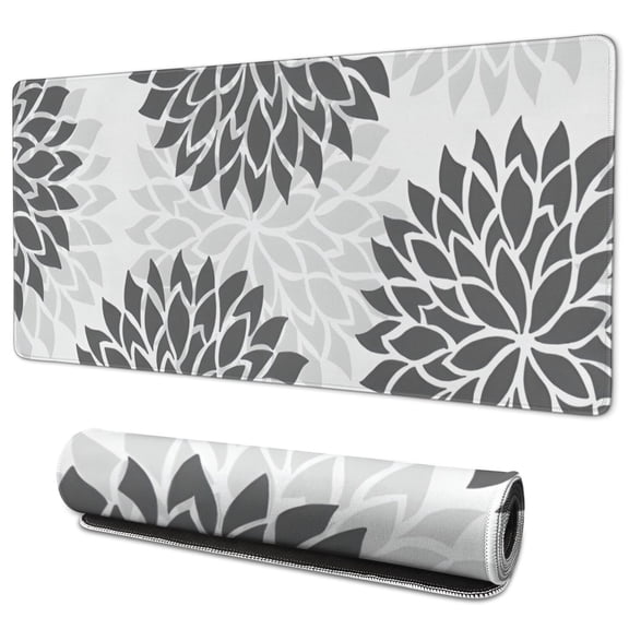 Long Mouse Pads for Desk,Gray Floral Pattern Desk Mats on Top Of Desks, Desk Mouse Pad Extra Large with 3mm Non-Slip Base and Stitched Edge for Gaming,Office,Work,Home 35.4"x15.7"