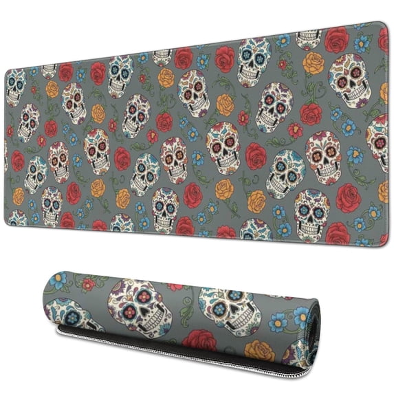Long Mouse Pads for Desk,Gray Flower Skull Pattern Desk Mats on Top Of Desks, Desk Mouse Pad Extra Large with 3mm Non-Slip Base and Stitched Edge for Gaming,Office,Work,Home 31.5"x11.8"