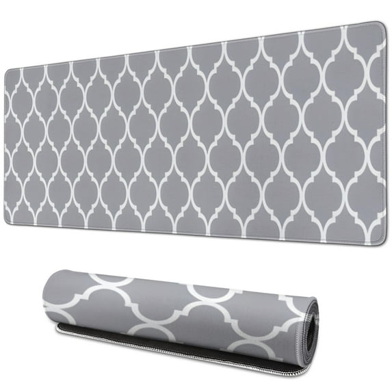 Long Mouse Pads for Desk,Gray Geometric Quatrefoil Pattern Desk Mats on Top Of Desks, Desk Mouse Pad Extra Large with 3mm Non-Slip Base and Stitched Edge for Gaming,Office,Work,Home 31.5"x11.8"