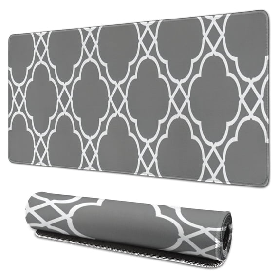 Long Mouse Pads for Desk,Gray Geometric Quatrefoil Pattern Desk Mats on Top Of Desks, Desk Mouse Pad Extra Large with 3mm Non-Slip Base and Stitched Edge for Gaming,Office,Work,Home 31.5"x15.7"