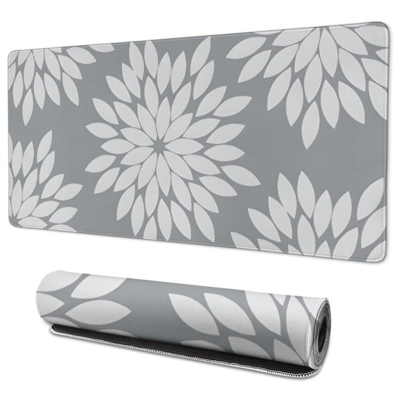 Long Mouse Pads for Desk,Gray and White Floral Pattern Desk Mats on Top Of Desks, Desk Mouse Pad Extra Large with 3mm Non-Slip Base and Stitched Edge for Gaming,Office,Work,Home 35.4"x15.7"