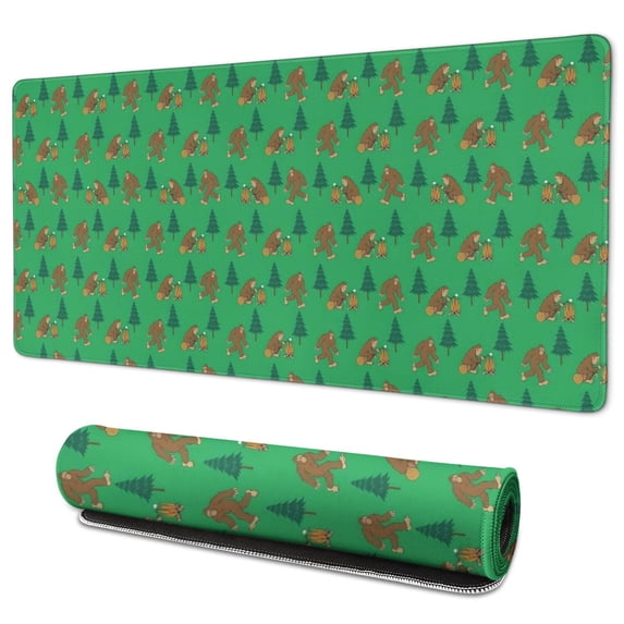 Long Mouse Pads for Desk,Green Bigfoot and Campfire Pattern Desk Mats on Top Of Desks, Desk Mouse Pad Extra Large with 3mm Non-Slip Base and Stitched Edge for Gaming,Office,Work,Home 35.4"x15.7"