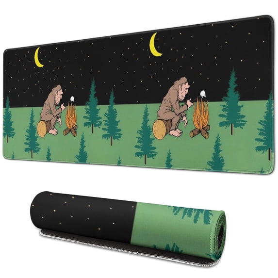 Long Mouse Pads for Desk,Green Bigfoot and Campfire Pattern Desk Mats on Top Of Desks, Desk Mouse Pad Extra Large with 3mm Non-Slip Base and Stitched Edge for Gaming,Office,Work,Home 31.5"x11.8"