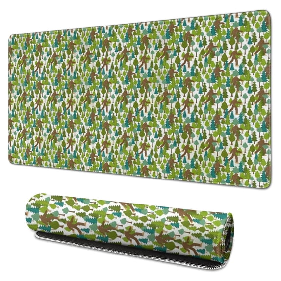 Long Mouse Pads for Desk,Green Bigfoot and Tree Pattern Desk Mats on Top Of Desks, Desk Mouse Pad Extra Large with 3mm Non-Slip Base and Stitched Edge for Gaming,Office,Work,Home 31.5"x15.7"