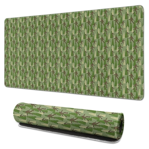 Long Mouse Pads for Desk,Green Bigfoot and Tree Pattern Desk Mats on Top Of Desks, Desk Mouse Pad Extra Large with 3mm Non-Slip Base and Stitched Edge for Gaming,Office,Work,Home 31.5"x15.7"