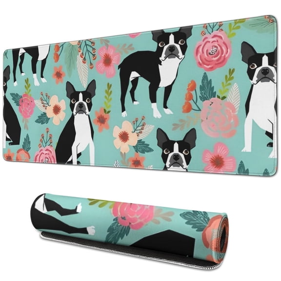 Long Mouse Pads for Desk,Green Boston Terrier and Flower Desk Mats on Top Of Desks, Desk Mouse Pad Extra Large with 3mm Non-Slip Base and Stitched Edge for Gaming,Office,Work,Home 31.5"x11.8"