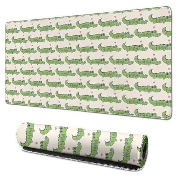 Long Mouse Pads for Desk,Green Cartoon Crocodiles Hearts Pattern Desk Mats on Top Of Desks, Desk Mouse Pad Extra Large with 3mm Non-Slip Base and Stitched Edge for Gaming,Office,Work,Home 31.5"x15.7"
