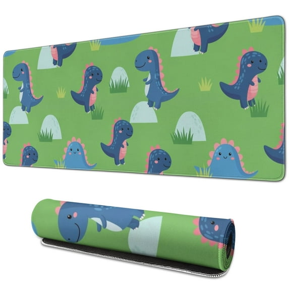 Long Mouse Pads for Desk,Green Cartoon Dinosaurs Grass Pattern Desk Mats on Top Of Desks, Desk Mouse Pad Extra Large with 3mm Non-Slip Base and Stitched Edge for Gaming,Office,Work,Home 31.5"x11.8"