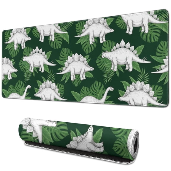 Long Mouse Pads for Desk,Green Cartoon Dinosaurs Leaves Pattern Desk Mats on Top Of Desks, Desk Mouse Pad Extra Large with 3mm Non-Slip Base and Stitched Edge for Gaming,Office,Work,Home 31.5"x11.8"